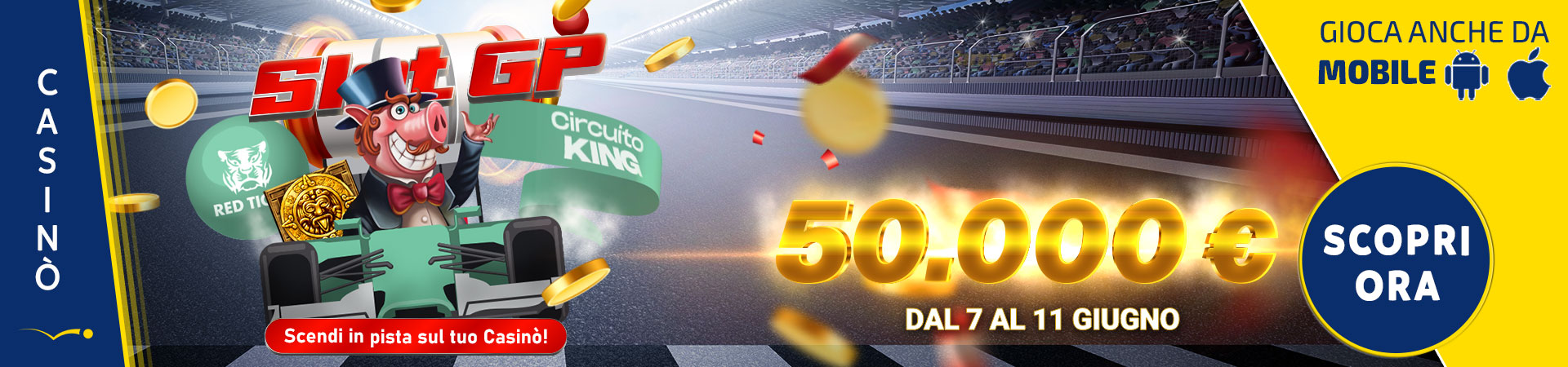 Promozione Casinò Circuito King Slot GP da 50.000 euro tra Fun e Real Bonus